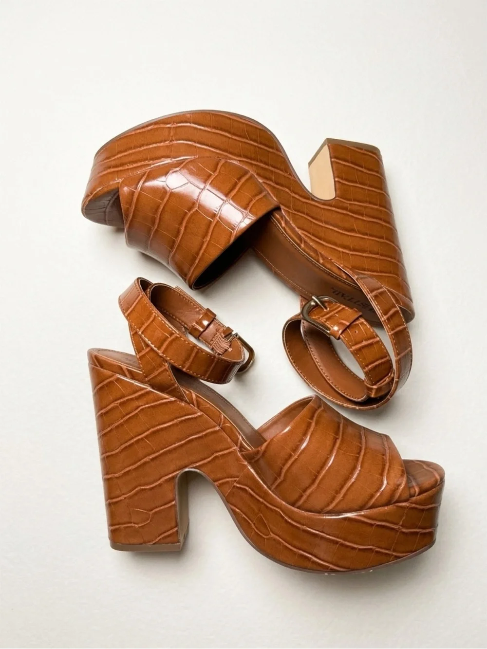 JustFab Tan Croc-Embossed Platform Sandal with Ankle Strap